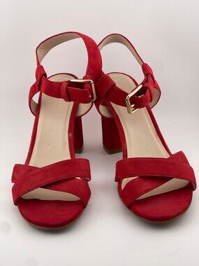 Cole Haan Red Suede Block Heel Sandals With Adjustable Ankle Strap Womens Sz 6B